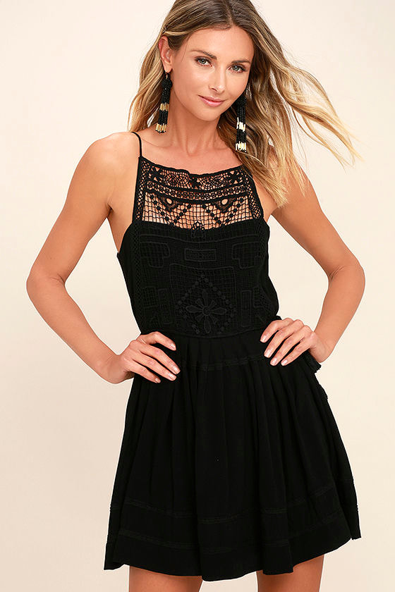 Lovely Black Dress - Lace Dress - Crochet Lace Dress - Pleated Dress ...