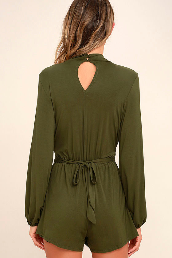 Sexy Olive Green Romper Long Sleeve Romper Surplice Romper 54.00