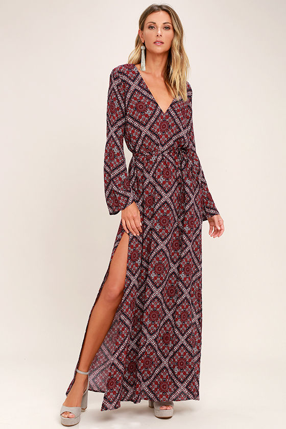 Boho Burgundy Print Dress - Long Sleeve ...