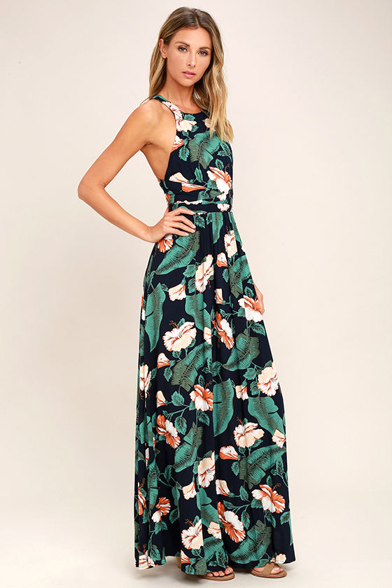 Lovely Navy Blue Dress - Floral Print Dress - Halter Dress