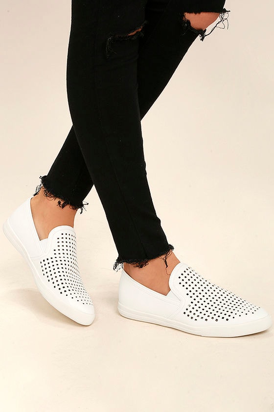 white perforated slip on sneakers