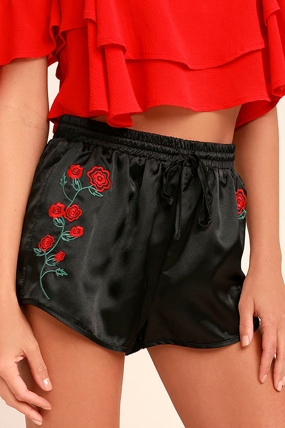 Rose Buds for Life Black Embroidered Satin Shorts