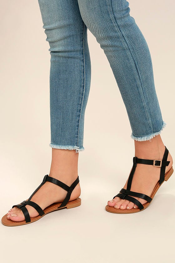 Cute Black Flat Sandals - Strappy Black Sandals - Vegan Leather Sandals ...