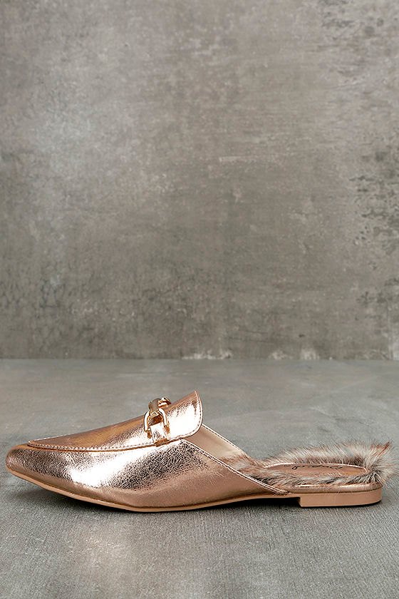 Antonia Rose Gold Faux Fur Loafer Slides 1