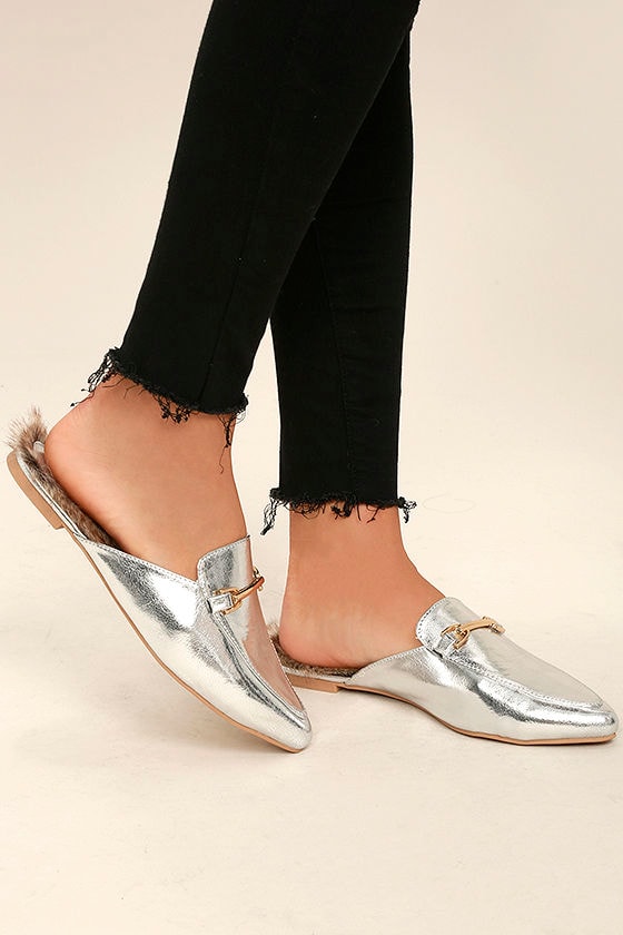 Chic Silver Loafer Slides - Faux Fur Loafers - Slip-On Loafers - $22.00 ...