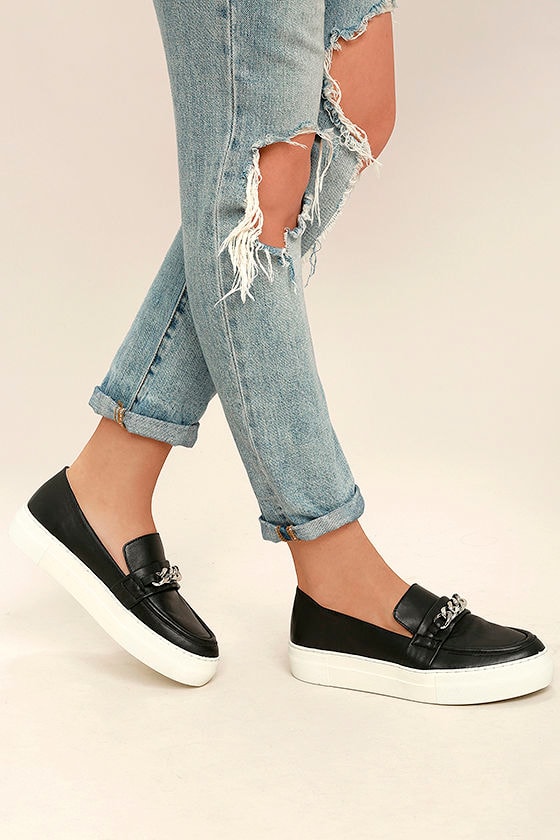 J Slides Piper - Black Leather Loafers - Flatform Loafers - Platform ...