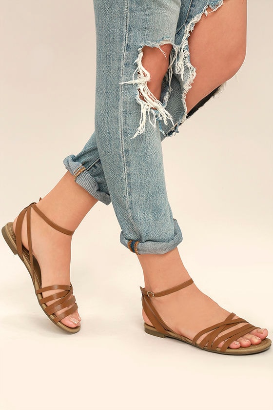 Cute Tan Ankle Strap Heels - Tan Flat 