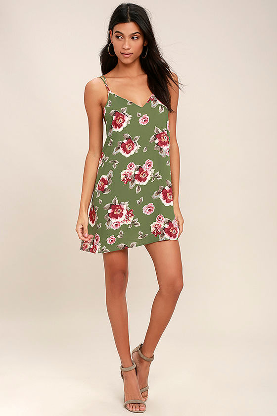 Soul's Garden Olive Green Floral Print Shift Dress