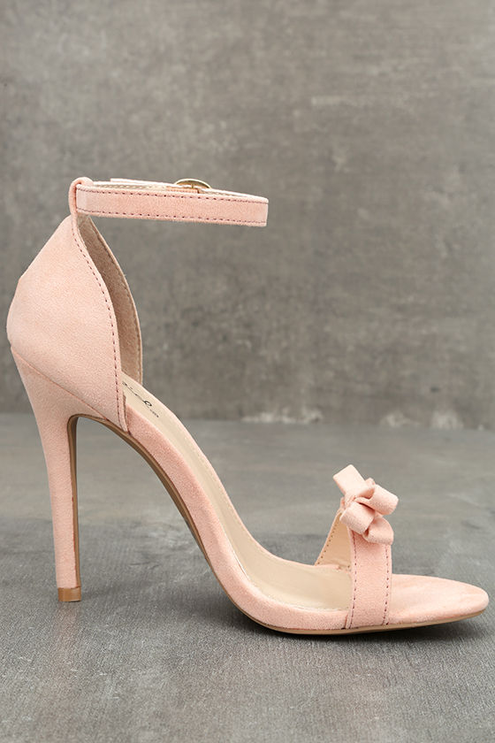 Cute Blush Heels Ankle Strap Heels Vegan Suede Dress Sandals Bow