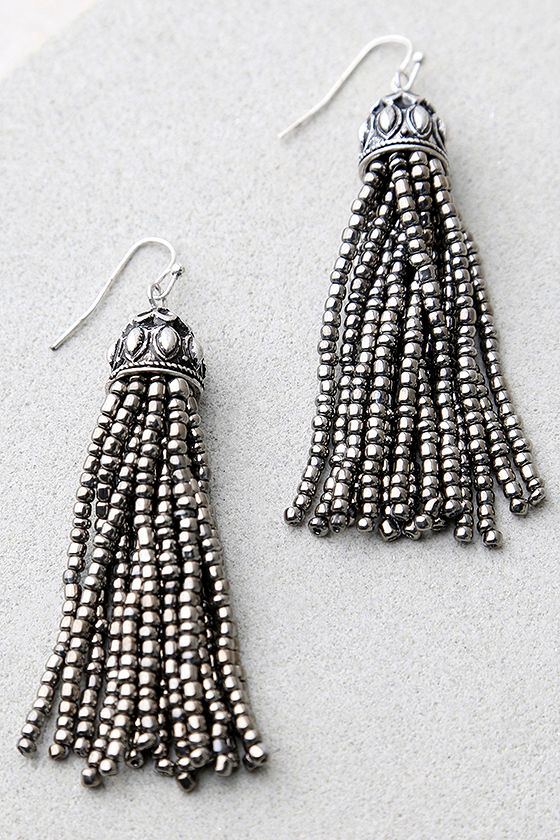 Lovely Gunmetal Earrings Beaded Earrings Tassel Earrings 18.00