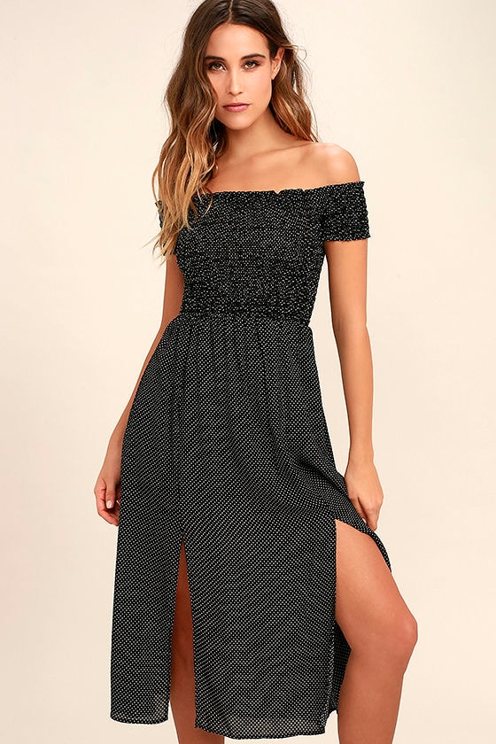 Late Nights Black and White Polka Dot Off-the-Shoulder Dress