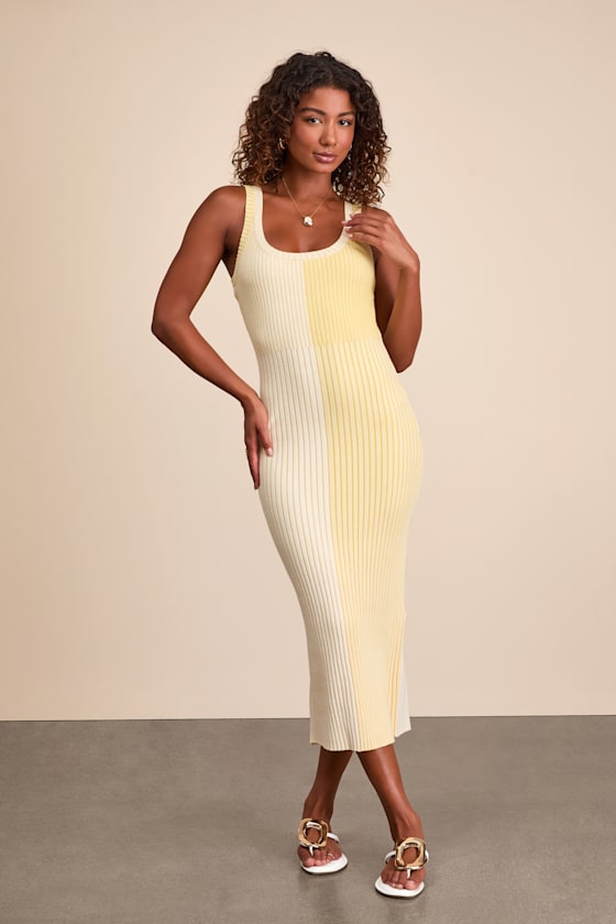 Yellow Color Block Dress - Ribbed Knit Dress - Bodycon Midi
