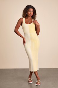 Radiant Personality Yellow Color Block Ribbed Knit Midi Dress 2