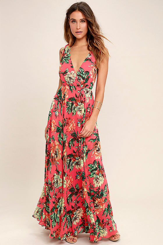 Countryside Manor Coral Red Floral Print Maxi Dress