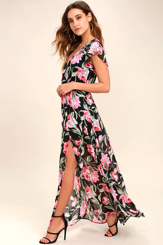 Lovely Black Dress - Floral Print Dress - Maxi Dress - $84.00