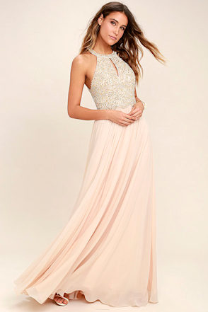 Lovely Champagne Dress - Maxi Dress - Beaded Gown - Lulus