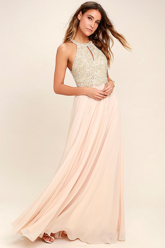Lovely Champagne Dress - Maxi Dress - Beaded Gown - Lulus