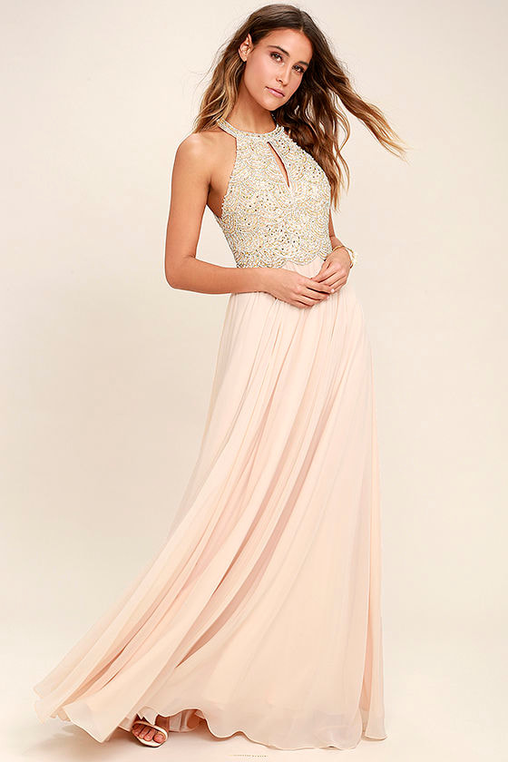 Lovely Champagne Dress Maxi Dress Beaded Gown Lulus