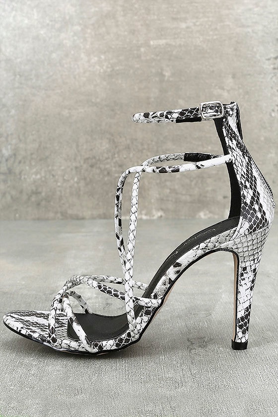 black and white snake print heels