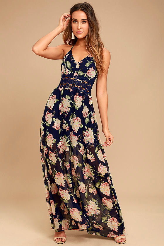 Lovely Navy Blue Dress - Floral Print Dress - Maxi Dress - $59.00 - Lulus