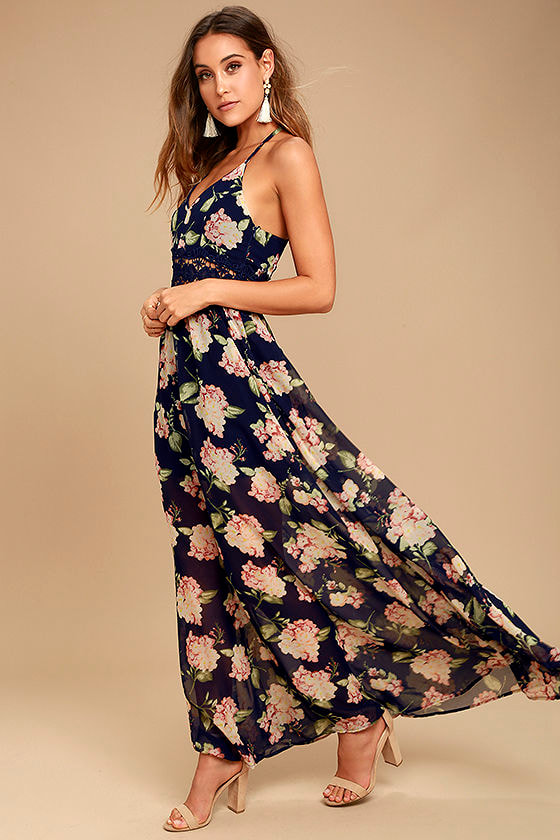 Natural Conclusion Navy Blue Floral Print Maxi Dress