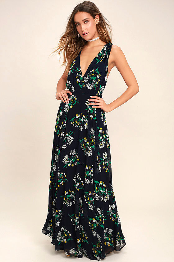 Remember the Days Navy Blue Floral Print Maxi Dress