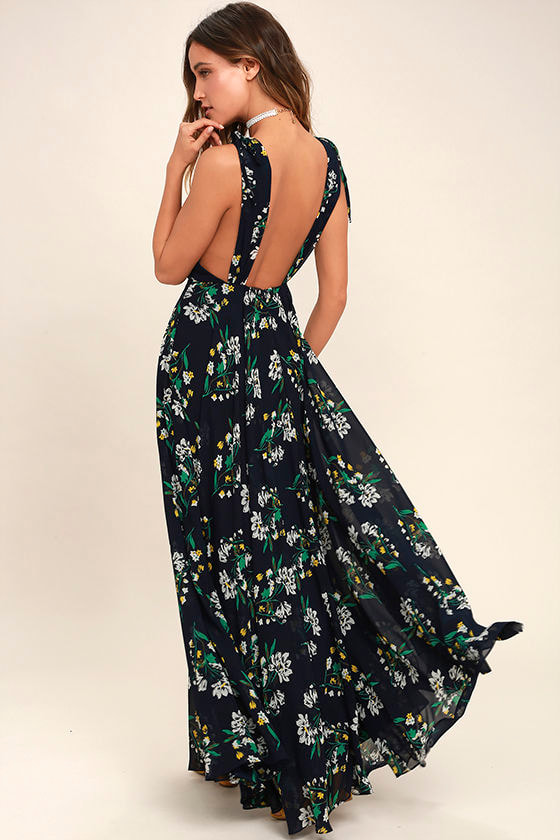 Remember the Days Navy Blue Floral Print Maxi Dress