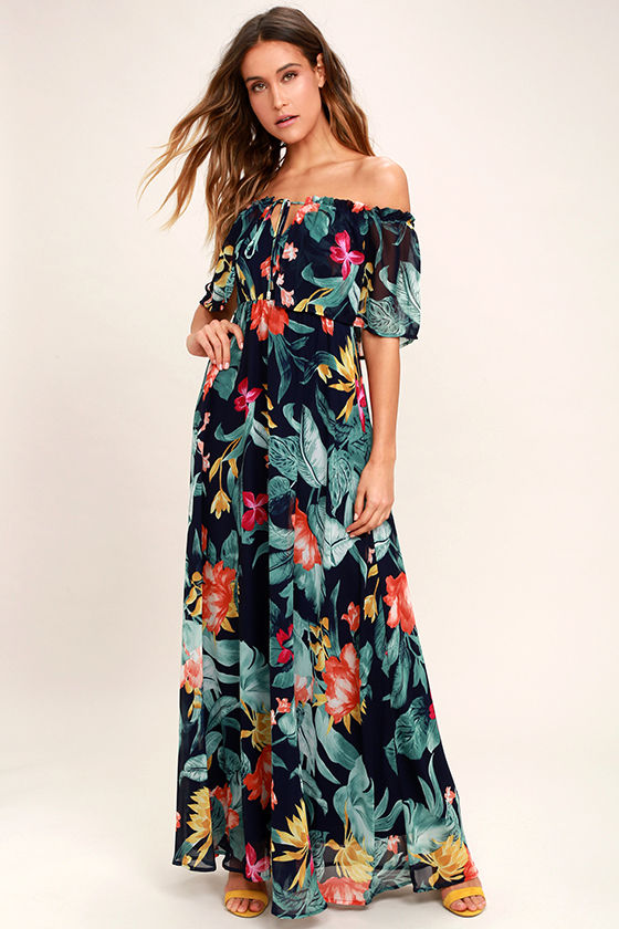 Lovely Navy Blue Print Dress - Tropical Print Dress - Off-the-Shoulder ...