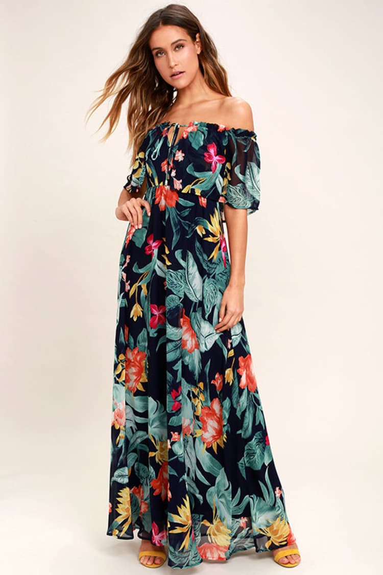 tropical print off the shoulder dress Tropical Dreamsicle Enamored Off the Shoulder Ruffle Dress WHITE-ORANGE / XS by Sugarlips