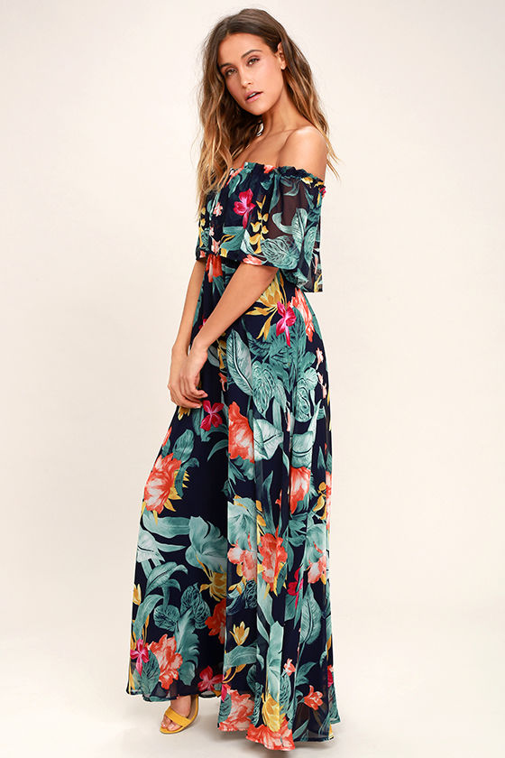 off the shoulder tropical maxi dress