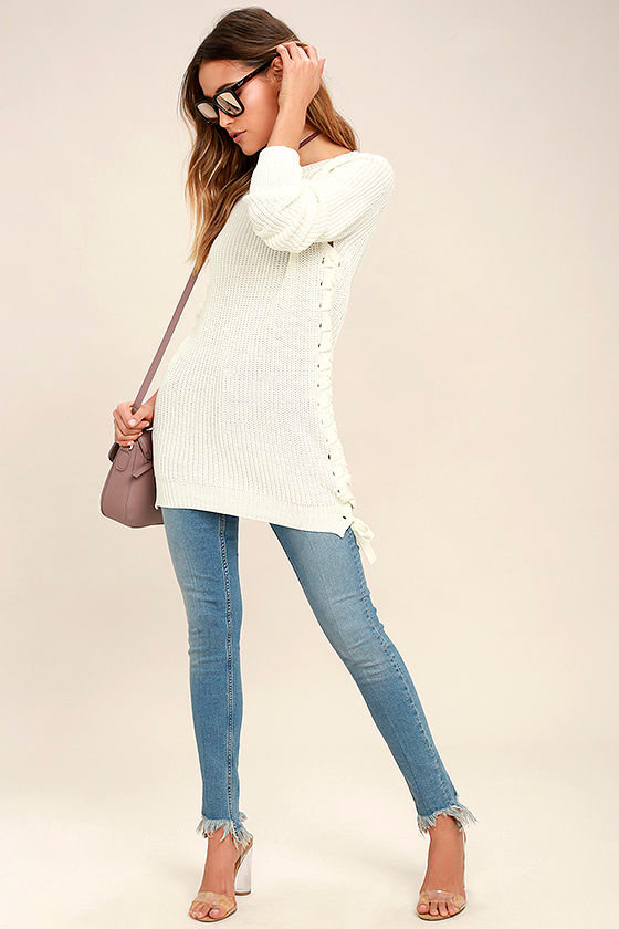 Right Now Cream Lace-Up Sweater 2