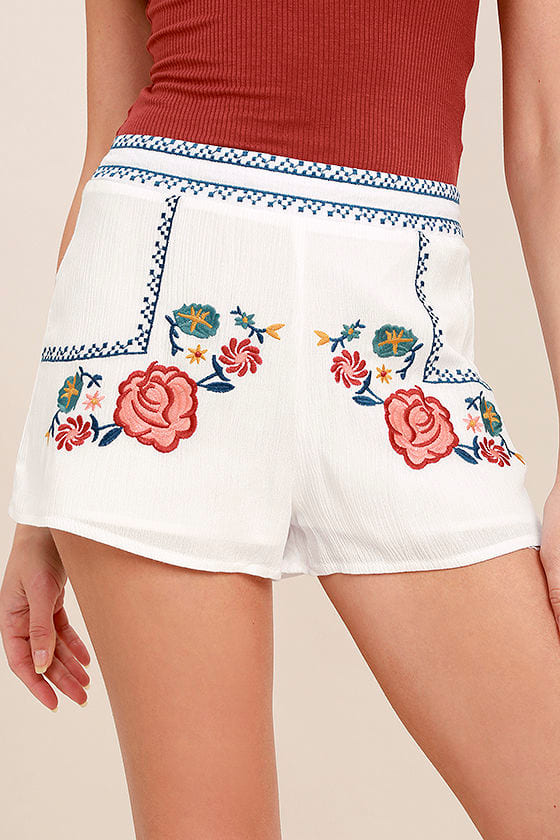 river island white embroidered shorts