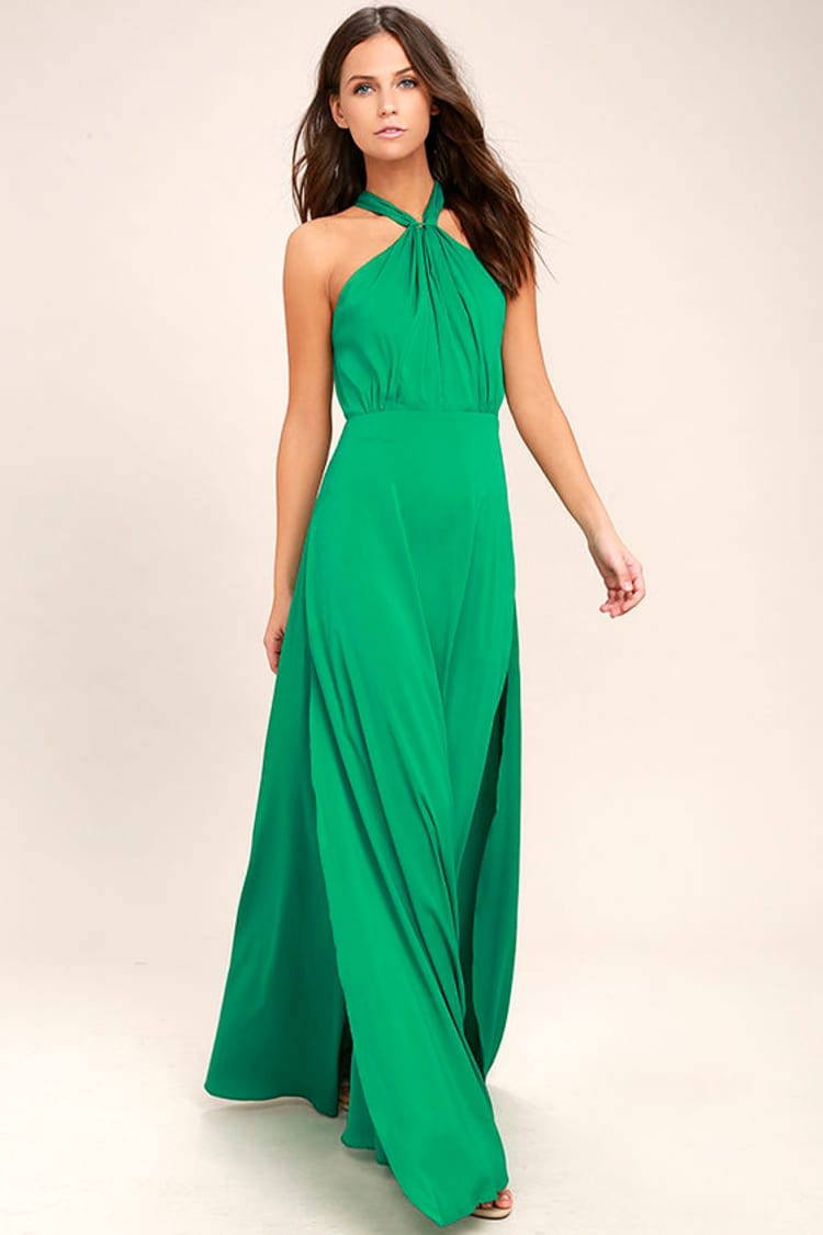 knee length dresses for ladies Berylove Women Green Maxi Dress A Line Off The Shoulder Pleated Long Wedding Guest Dress, Green / L