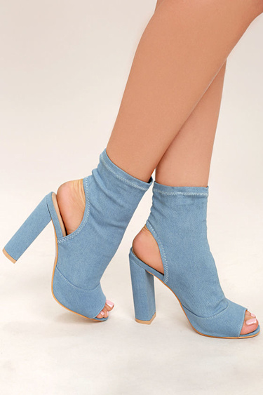 Cute Blue Denim Booties Denim Peep-Toe Booties Denim Heels