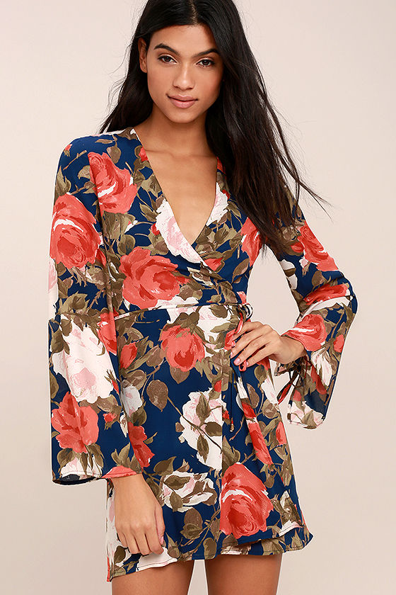 Wrapped Up in Roses Navy Blue Floral Print Dress