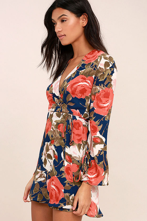 Cute Navy Blue Floral Print Dress - Wrap Dress - Bell Sleeve Dress - $56.00