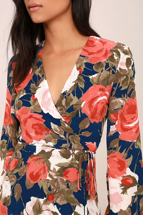 Cute Navy Blue Floral Print Dress - Wrap Dress - Bell Sleeve Dress - $56.00