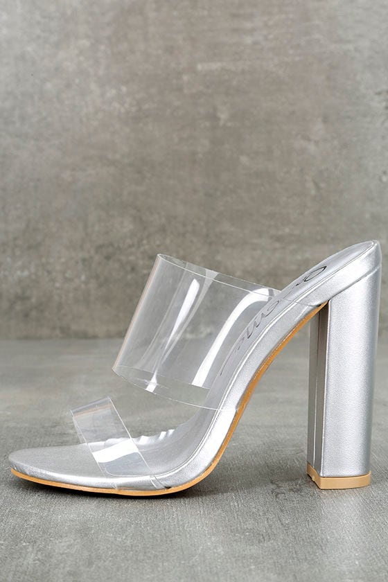silver high heel mules
