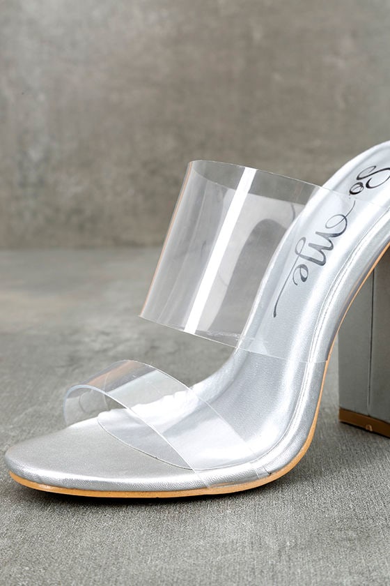 silver high heel mules