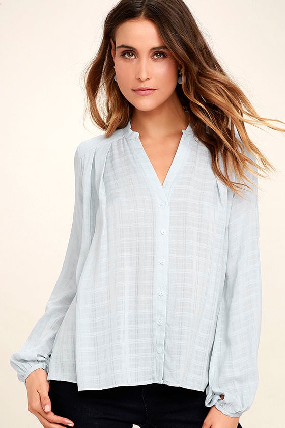 Lovely Light Blue Top - Button-Up Top - Long Sleeve Top - Tunic Top ...