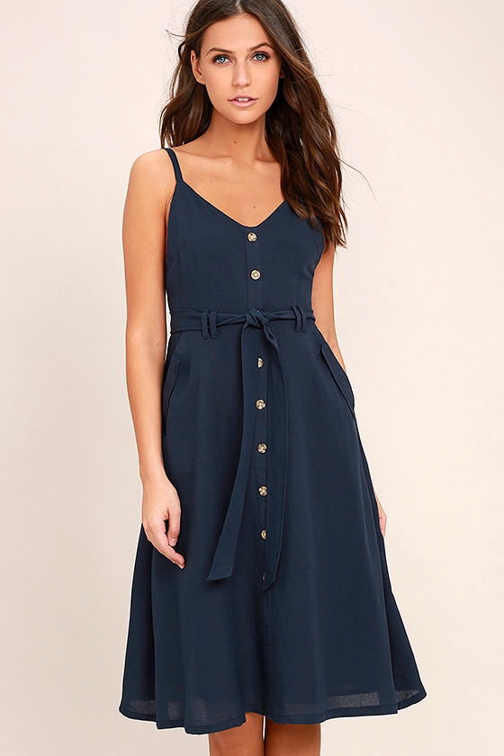 belted navy dress