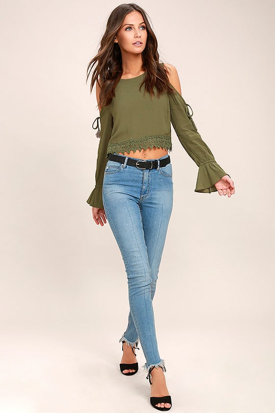 Trip to the Vineyard Olive Green Long Sleeve Lace Crop Top 2