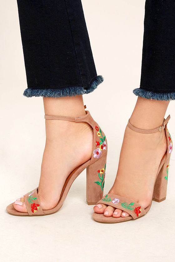 Suri Taupe Embroidered Ankle Strap Heels 2