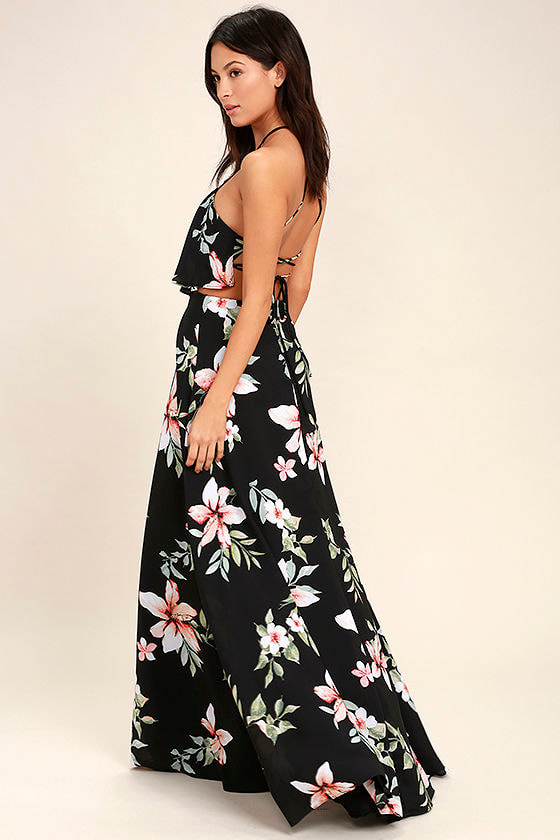 Peninsula Black Floral Print Maxi Dress