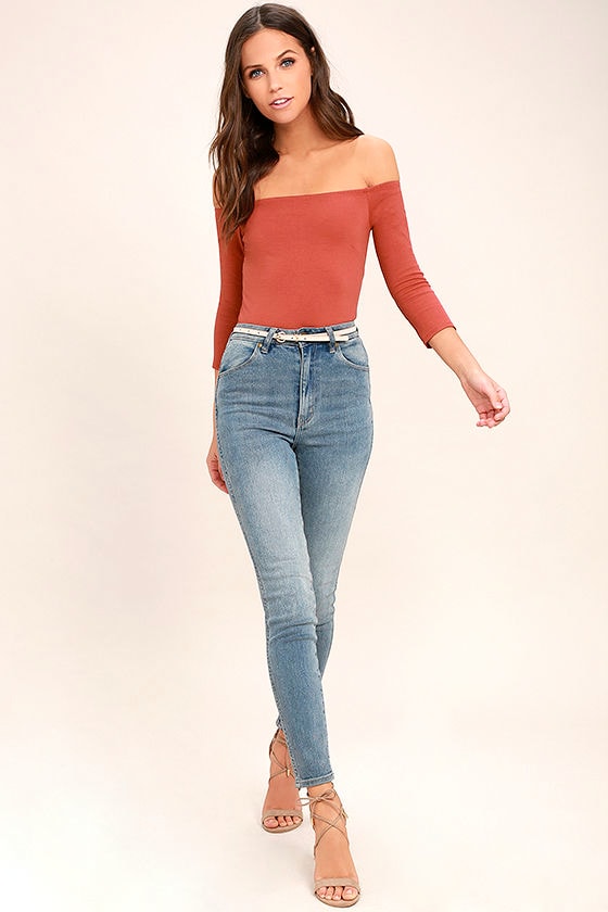 Like a Bird Rust Red Off-the-Shoulder Bodysuit