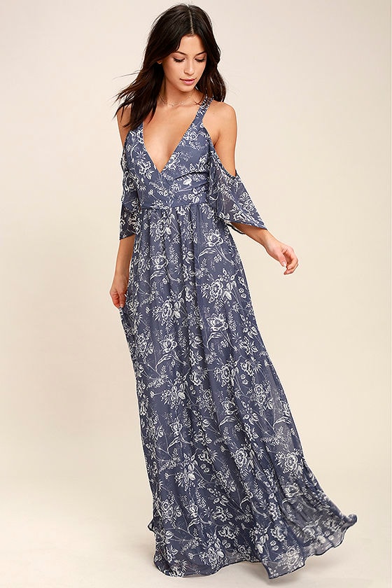 Lovely Denim Blue Dress - Floral Print Dress - Maxi Dress - $94.00 - Lulus