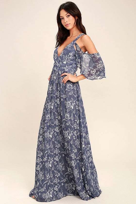 Good-Hearted Denim Blue Floral Print Maxi Dress