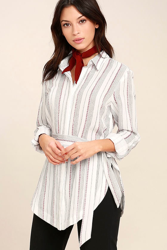 West Dressed White Striped Button-Up Top 1