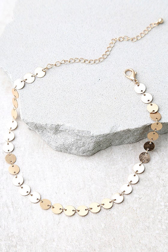 Stylish Gold Choker - Round Charm Choker Necklace - Gold Necklace - $13.00