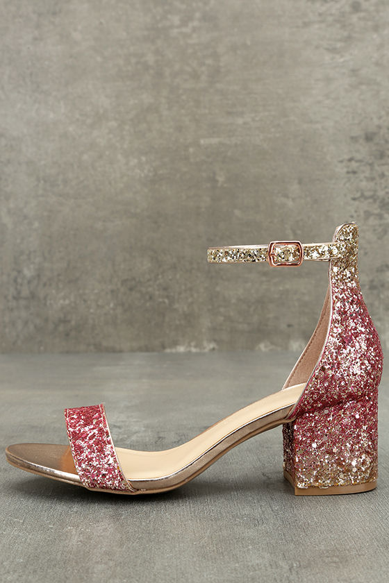 Cute Blush Glitter Heels Pink Glitter Heels Ankle Strap Heels 29